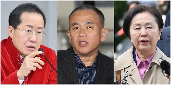 왼쪽부터 홍준표 전 대구시장과 명태균씨, 김영선 전 의원. 한겨레 자료 사진