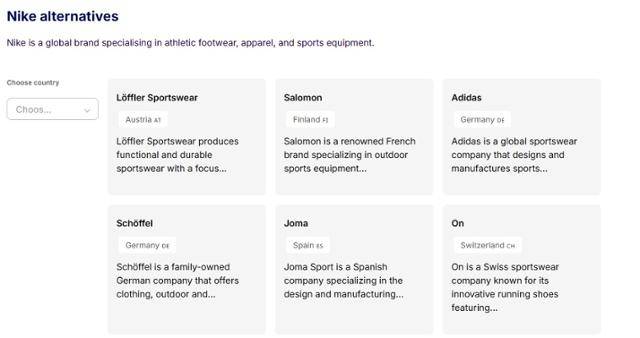 유럽 브랜드 홍보를 목적으로 만들어졌다는 웹사이트 '고 유러피안'은 미국 상품을 대체할 유럽 상품을 추천한다. 해당 화면은 미국 브랜드 나이키 대신 선택 가능한 유럽 브랜드를 추천하고 있다. 고 유러피안 캡처