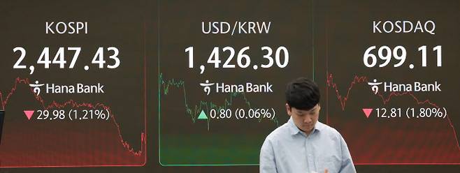 16일 서울 중구 하나은행 본점 딜링룸 현황판에 코스피 지수 등이 표시되고 있다.(사진=연합뉴스)