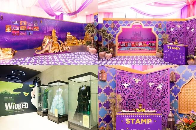 (왼쪽 위부터) 뮤지컬 ‘알라딘’ 속 명장면인 황금 동굴을 상상하게 만드는 ‘매직 램프 동굴존’, 눈부신 컬러가 어우러진 ‘자스민 룸’, 아그라바 왕국 팝업존에는 배우들의 손글씨로 제작된 럭키 멘트 스탬프, 실제 공연에서 사용되는 ‘위키드’의 무대 의상을 눈앞에서 볼 수 있는 의상 전시존. 사진 | 드림씨어터