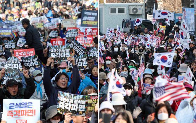 윤석열 전 대통령 탄핵 선고일인 4일 서울 도심에서 탄핵 찬반 집회가 열렸다. 사진은 이날 서울 종로구 안국역 인근에서 열린 찬성집회(왼쪽)과 용산구 한남동 대통령 관저 인근에서 열린 반대 집회. 뉴스1