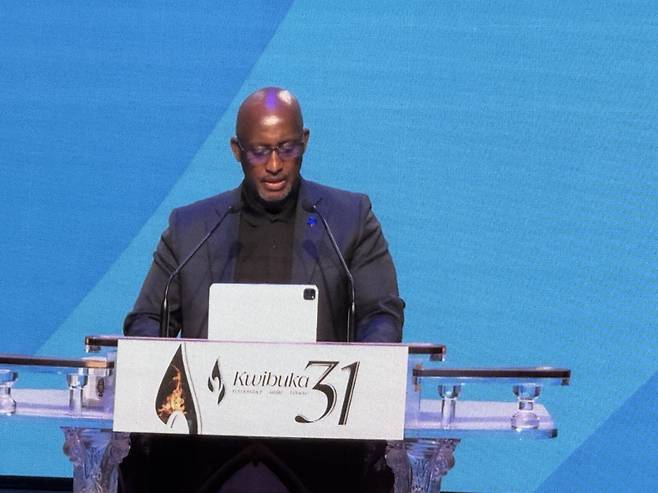 Rwandan Ambassador to Korea Bakuramutsa Nkubito Manzi speaks at the 31st anniversary of the Rwandan genocide at the FEBC Art Hall in Mapo District, northern Seoul, on Monday. (Sanjay Kumar/The Korea Herald)