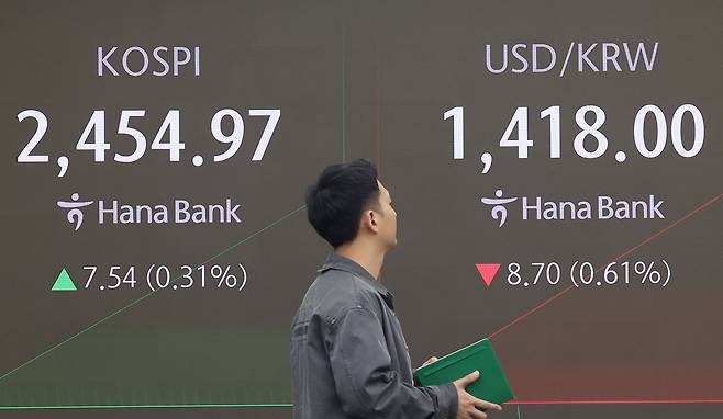 17일 오전 서울 중구 하나은행 본점 딜링룸 전광판에 1410원대 원 달러 환율이 표시되어 있다. 연합뉴스