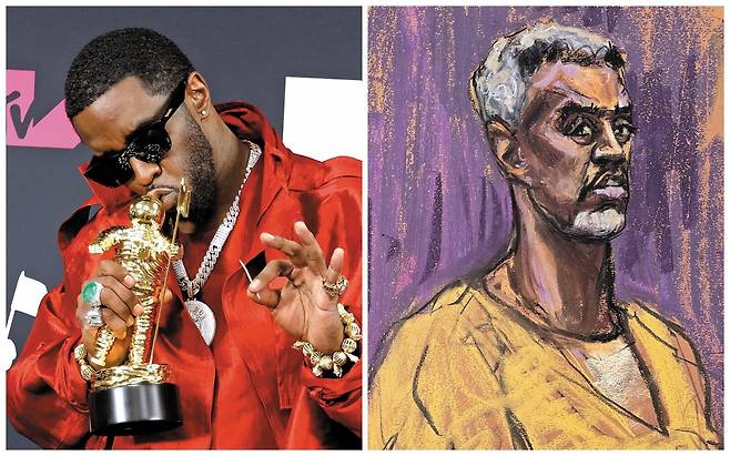 성매매 및 공갈 공모 혐의를 받는 미국의 힙합 아티스트 숀 디디 콤스가 지난 14일 뉴욕 맨해튼 연방법원에서 재판을 받았다. 작년 9월부터 구치소에 구금돼 있던 콤스는 이날 머리가 하얗게 새어 몰라보게 수척한 모습으로 등장했다(오른쪽 그림). 왼쪽은 그가 ‘퍼프 대디’라는 예명으로 활동하던 2023년 MTV 비디오뮤직어워즈에서 글로벌 아이콘 상을 수상했을 때 모습./게티이미지코리아·로이터 연합뉴스