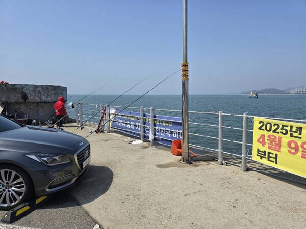 인천 중구 앞바다에서 낚시꾼들이 낚시대를 걸쳐 놓고 낚시를 하고 있다. 이정엽 기자