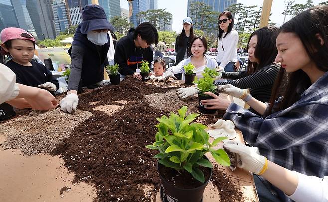 4월 22일 지구의 날을 기념해 '우리의 힘, 우리의 지구'란 주제로 20일 서울 여의도공원에서 열린 '2025 지구의 날 기념행사'에서 참가자들이 폐비닐로 만든 그린 화분에 금사초를 심고 있다.