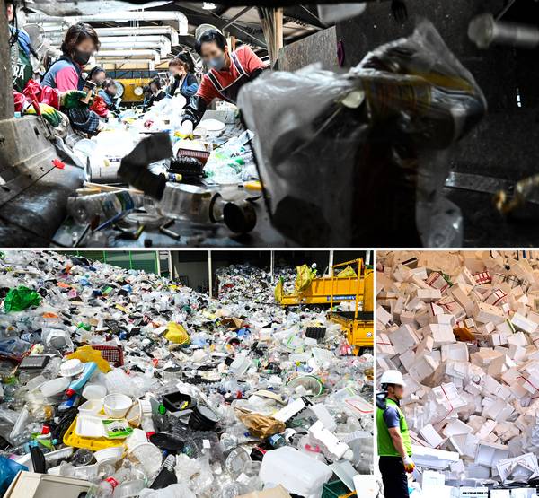 지구의 날을 하루 앞둔 21일 성남시 재활용선별장에서 관계자들이 플라스틱, 스티로폼 등 산더미처럼 쌓인 쓰레기 선별 작업을 하고 있다. 2025.4.21 /이지훈기자 jhlee@kyeongin.com