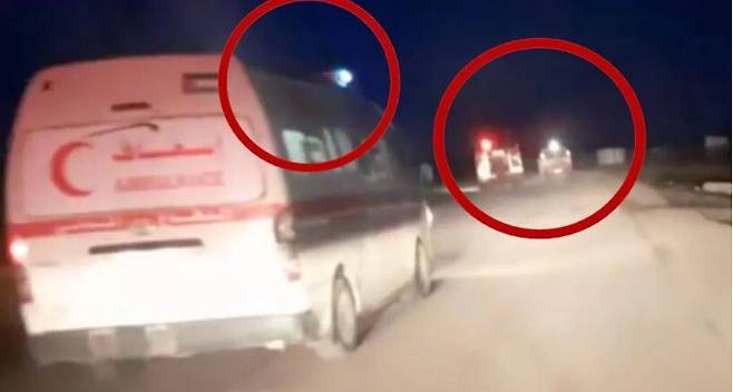 지난 3월23일 팔레스타인 가자 지구에서 부상자 구호를 위해 경광등을 켜고서 출동하던 팔레스타인적신월사 차량들의 모습. 이스라엘군의 발포로 숨진 구호대원의 이동전화로 촬영된 동영상 중 일부이다.