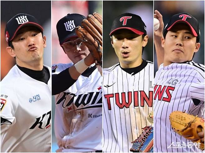 LG와 KT가 견고한 방패를 앞세워 상위권을 달리고 있다. KT 고영표, 허경민, LG 신민재, 임찬규(왼쪽부터)가 각 팀의 마운드, 수비를 한층 견고하게 만드는 데 앞장서고 있다. 스포츠동아DB