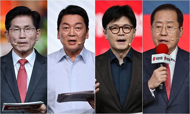 국민의힘 대선 후보 경선 선거관리위원회는 22일 2차 경선에 진출할 4명의 후보를 발표했다. 첫번째 컷오프를 통과한 \'4강 후보\'에는 김문수·안철수·한동훈·홍준표 후보(가나다순)가 이름을 올렸다. 국회사진기자단