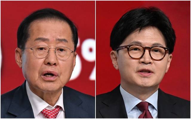 20일 서울 강서구 ASSA아트홀에서 열린 국민의힘 제21대 대통령 후보자 1차 경선 B조 토론회에서 발언하는 홍준표 후보(왼쪽 사진)와 한동훈 후보. 국회사진기자단