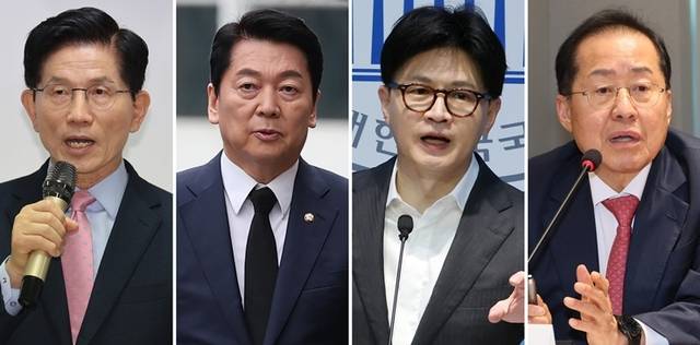국민의힘 대선 후보 경선 선거관리위원회는 22일 2차 경선에 진출할 4명의 후보를 발표했다. 첫번째 컷오프를 통과한 '4강 후보'에는 김문수·안철수·한동훈·홍준표 후보(가나다순)가 이름을 올렸다. 사진은 이날 각 후보들의 모습. 연합뉴스