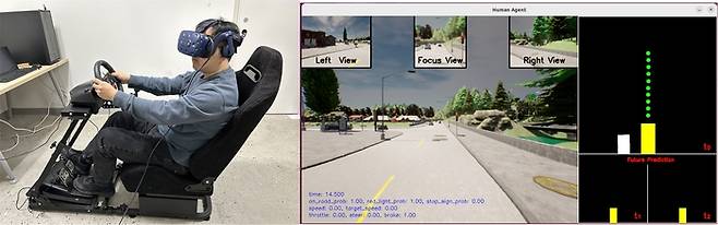 카를라(CARLA) 시뮬레이터와 가상현실(VR)을 통한 시뮬레이션 기반의 엣지-클라우드 자율주행 시연 모습.(카이스트 빅데이터 엣지 클라우드 서비스 연구센터 제공)