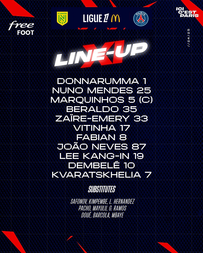 PSG 선발 라인업. PSG SNS