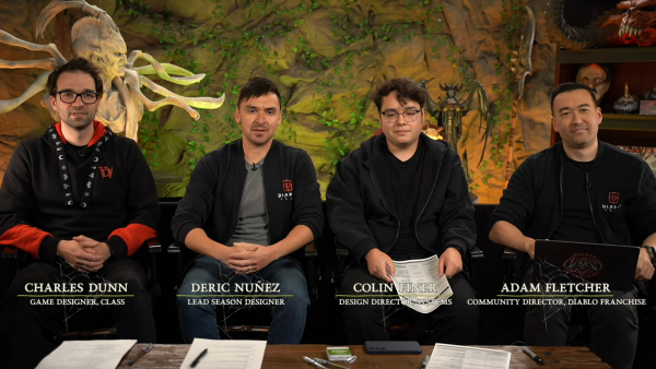 -(왼쪽부터) 찰스 던 게임 디자이너, 데릭 누네즈 리드 시즌 디자이너, 콜린 파이너 수석 게임 디자이너, 애덤 플레처 커뮤니티 디렉터