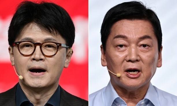 국민의힘 대선 후보 경선 1차 컷오프를 통과한 한동훈, 안철수 후보. 한겨레 자료사진