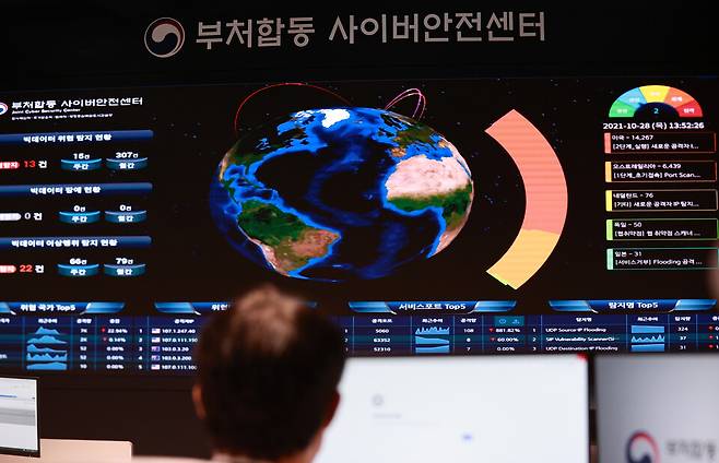 2021년 정부세종컨벤션센터 홍보동에 개소한 부처 합동 사이버안전센터. 인사혁신처와 국가보훈처, 법제처, 행정중심복합도시건설청은 정부 최초로 4개 부처가 협업을 통해 사이버 위협에 공동 대응하기로 했다. ⓒ연합뉴스