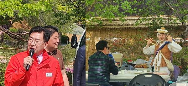 25일 양평 용문산 산나물 축제 첫날, 전진선 양평군수가 용문산관광지 양평축협(조합장 정규성) 한우판매장에서 직접 마이크를 잡고 방문객들에게 홍보를 하고 있는 모습(왼쪽), 바르게살기운동 양평군협의회 부스 앞에서 임금님 진상 행렬 퍼포먼스에 참여했던 한 연기자가 방문객에게 축제를 알리고 소통하는 모습.