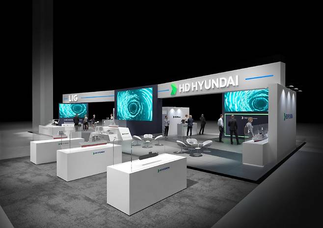 HD현대중공업이 4월 24일부터 27일까지 페루 리마에서 개최된 중남미 최대규모 방산전시회 SITDEF 2025에 참가해 꾸린 전시관의 조감도. 사진= HD현대중공업