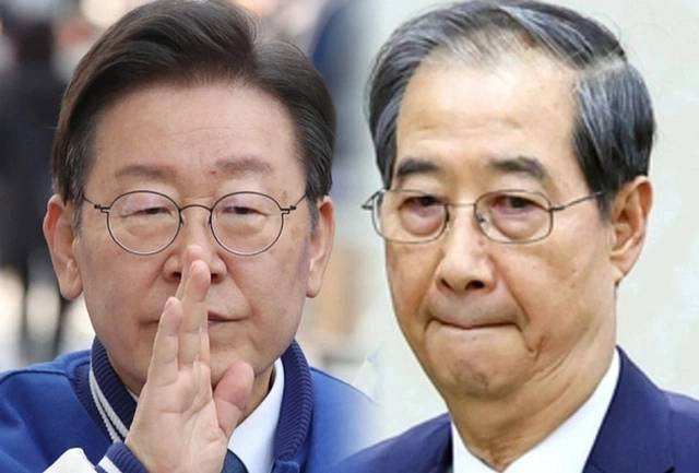 이재명(왼쪽) 더불어민주당 대선 후보와 한덕수 대통령 권한대행 국무총리. 연합뉴스