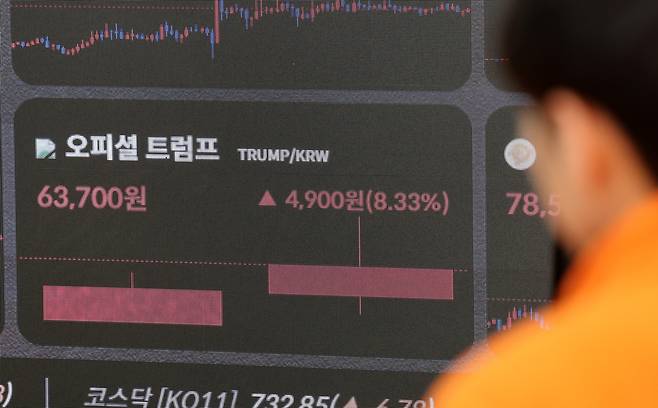 서울 서초구 빗썸라운지 전광판에 도널드 트럼프 미국 대통령이 발행한 밈 코인 '오피셜 트럼프(TRUMP)' 시세가 표시되고 있다. /뉴스1