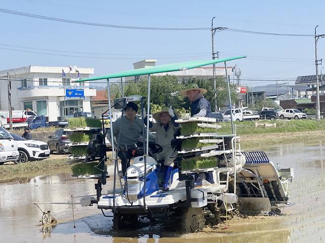 지난 29일 장상길 부시장이 자율주행 이앙기를 타고 모내기를 하고 있다. 포항시 제공