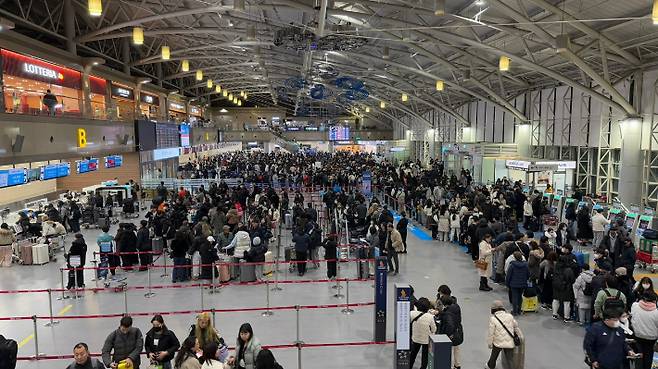 지난 1월 김해공항 국제선 출국장에 이용객이 몰려 극심한 혼잡을 빚고 있다. 독자 제공