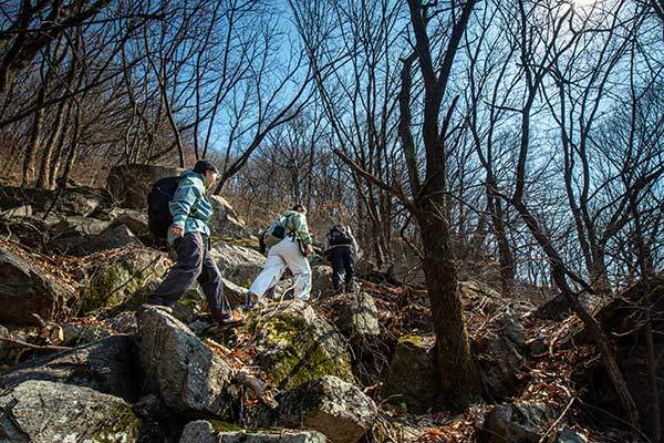 도덕산에서 내려와 구름산 가는길. 짧게 나오는 바윗길 외에는 걷기 쉬운 길이 이어진다.