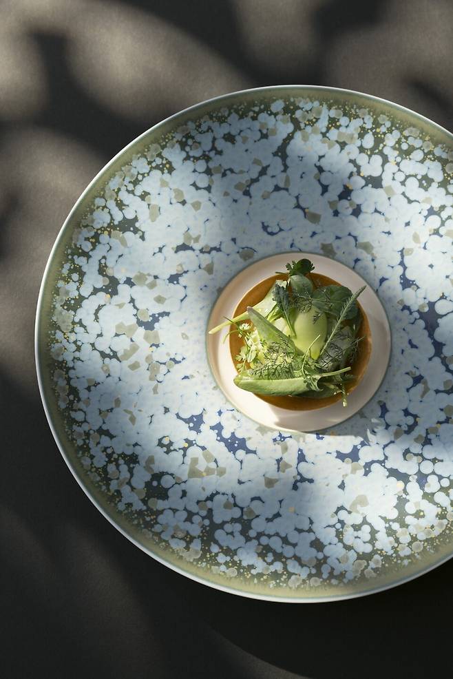 페스타 바이 충후의 봄 시즌 메뉴. 메밀로 만든 칩, 청매실 피클로 무친 갑오징어, 아보카도 소스와 봄 채소 그리고 허브