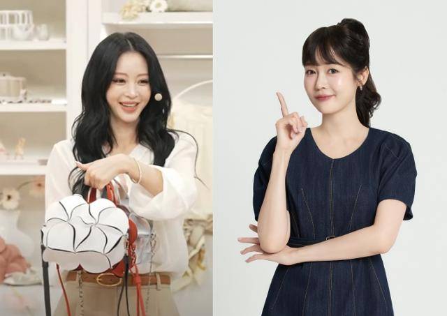 CJ온스타일 '오늘 뭐 입지'에서 가방을 소개하는 한예슬(왼쪽)과 GS홈쇼핑 '성유리 에디션'으로 방송에 복귀한 성유리. CJ온스타일·GS홈쇼핑 캡처