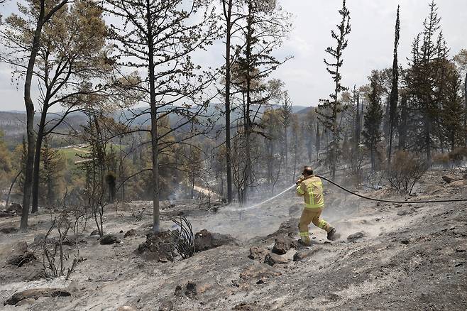 1일(현지시각) 이스라엘 라트룬 지역에서 소방관이 화재를 진압하고 있다. 라트룬/EPA 연합뉴스