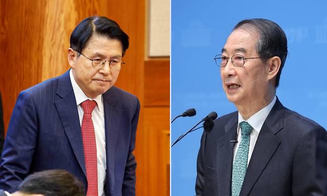 황교안 대통령 예비후보와 한덕수 전 대통령 권한대행 국무총리. 사진공동취재단, 연합뉴스