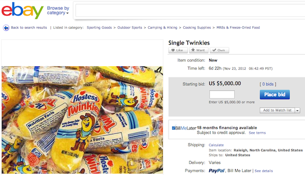 2012년 트윙키 단종 결정 이후 경매에 올라온 트윙키 재고. 한 번에 5000달러(약 710만원)까지 뛰었다. 경매사이트 이베이(2012) 캡처