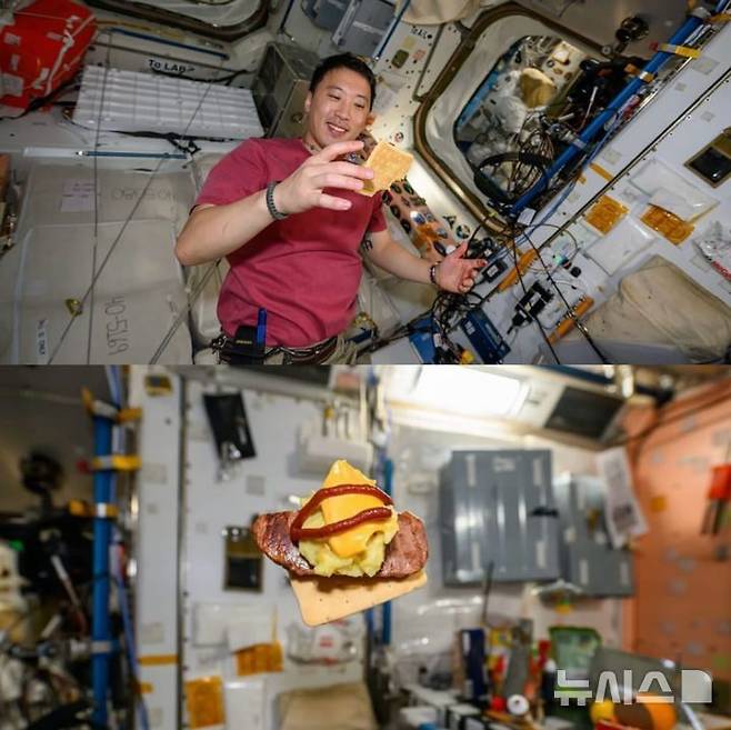 국제우주정거장(ISS)에서 임무를 수행 중인 한국계 미국인 우주비행사 조니 김(41)이 우주에서 만든 '고추장 버거'. 조니 김 SNS 갈무리 뉴시스