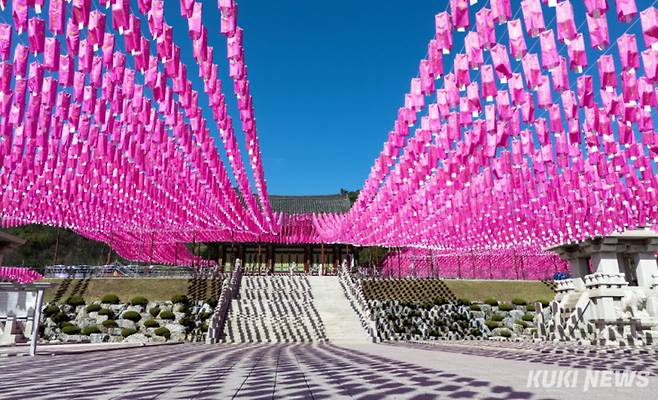 부처님오신날을 사흘 앞둔 3일 강원 춘천시 현지사에 화려한 봉축등이 설치되어 있다.