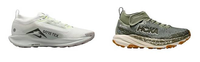 (왼쪽부터) 나이키 페사수스 트레일 5 GTX, 호카 스피드고트 6 미드 GTX.ⓒ고어텍스