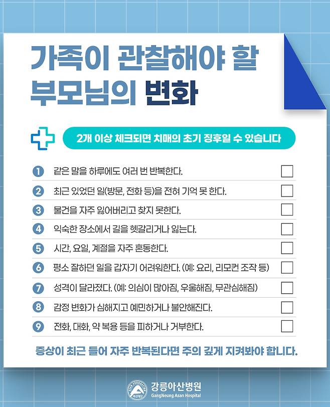 가족이 관찰해야 할 부모님의 변화. /자료=강릉아산병원