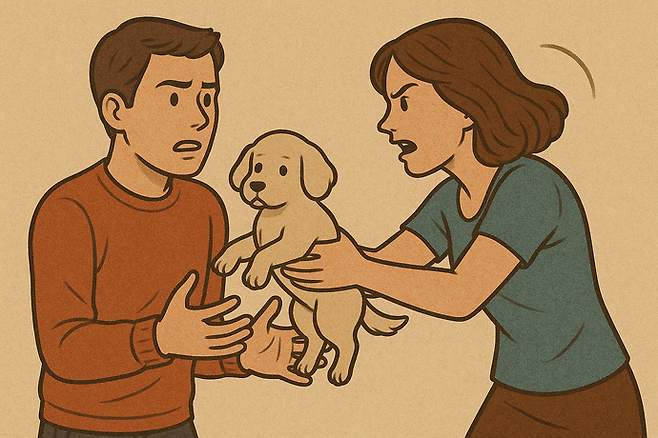 강아지의 소유권을 두고 연인 간 분쟁이 일어난 모습을 ChatGPT를 이용해 이미지 생성했다. 사진=ChatGPT