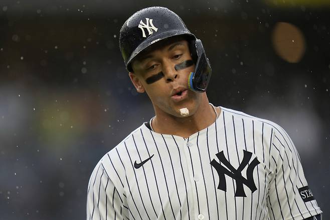 애런 저지가 이날 9회 마지막 타석에서 삼진을 당한 뒤 아쉬운 표정을 짓고 있다. AP연합뉴스