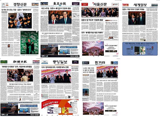 ▲6일 주요 종합일간지 1면.