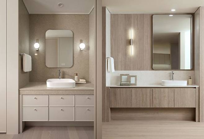 DL이앤씨 '디 셀렉션' 소프트 클래식과 모던 내추럴 스타일이 각각 적용된 파우더룸 비교 모습. (사진=DL이앤씨 제공) *재판매 및 DB 금지