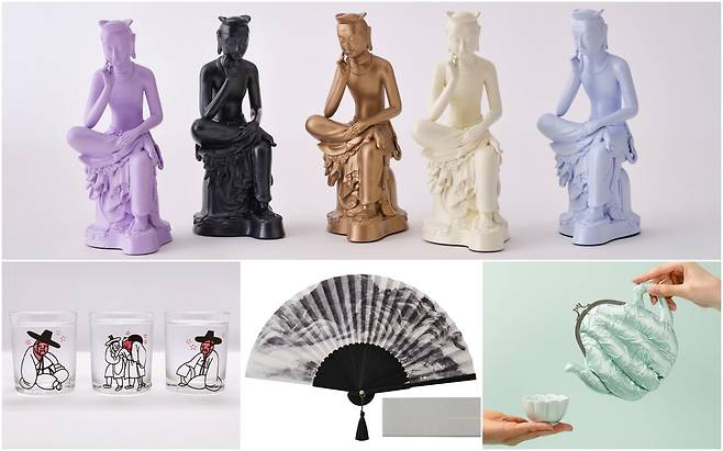 국립박물관 상품 '뮷즈'. 위는 대표 상품인 반가사유상 미니어처. 아래는 왼쪽부터 취객 선비 3인방 변색잔 세트, 인왕제색도 접이식 부채, 청자 자수 파우치. /국립박물관문화재단