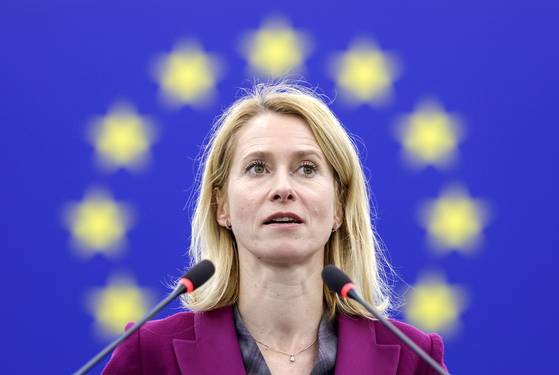카야 칼라스 EU(유럽연합) 외교안보 고위대표가 6일(현지시간) 프랑스 스트라스부르에서 열린 유럽의회 본회의에 참석해 발언하고 있다. EPA=연합뉴스