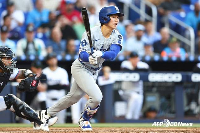 LA 다저스 김혜성이 8일(한국시간) 마이애미전에서 안타를 기록하고 있다. /AFPBBNews=뉴스1