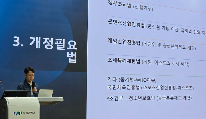 이도경 보좌관이 발제 중 게임특위에서 추진 예정인 대표 법안들을 소개하고 있다.