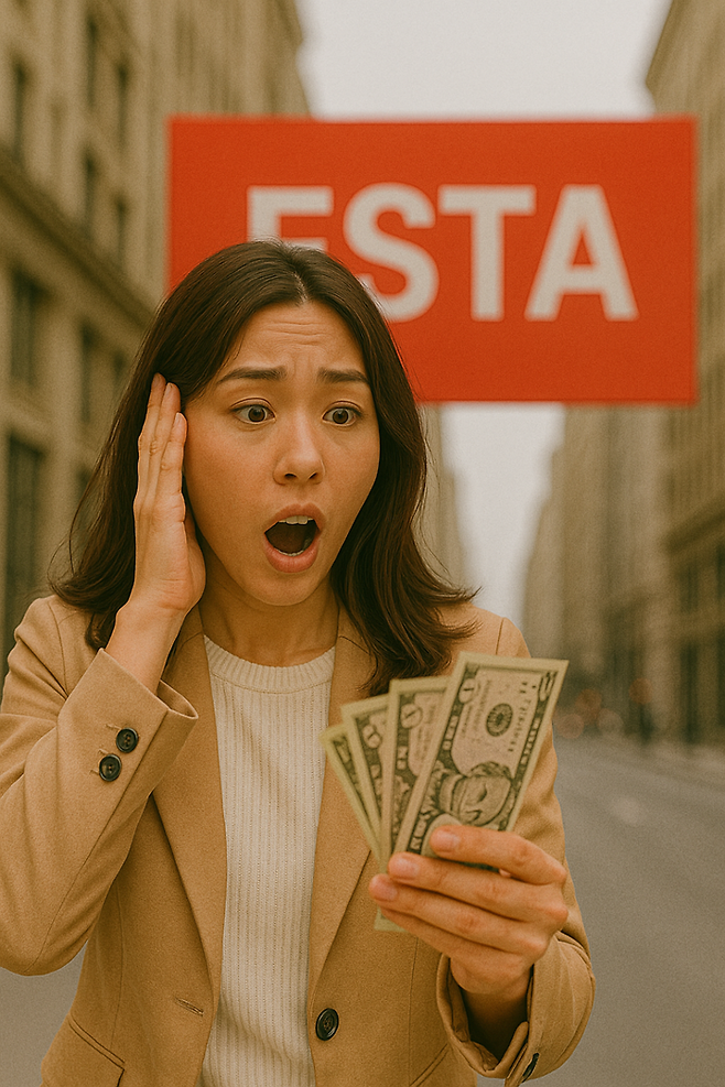 대행 사이트에서 ESTA를 발급받은 후 공식 비용보다 고가의 비용을 내서 놀란 사람의 표정을 표현한 그림 / 그림=챗 GPT