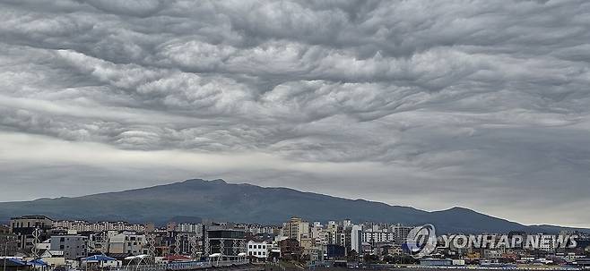 제주 하늘 뒤덮은 독특한 파상고층운 (제주=연합뉴스) 김호천 기자 = 어린이날인 5일 오후 제주시 삼양동에서 본 한라산 위 기묘한 다층운. 파상고층운 또는 거친물결구름 등으로 불린다. 2025.5.5. khc@yna.co.kr