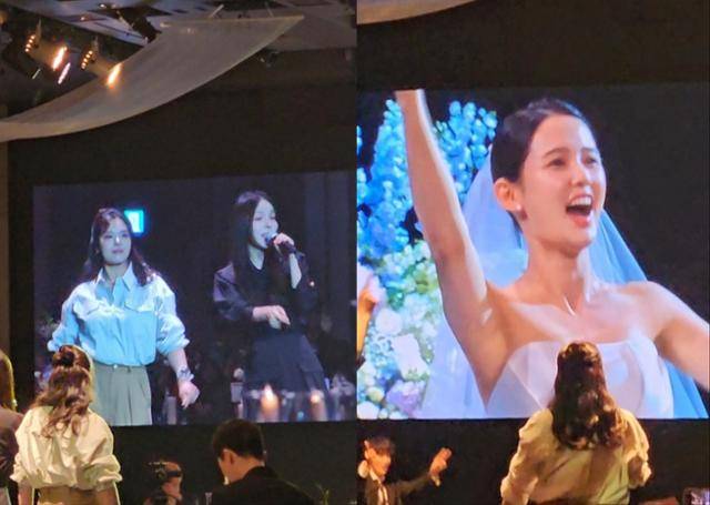 박진주와 김민영의 축가에 흥겨워하는 신부 남보라. 유수경 기자