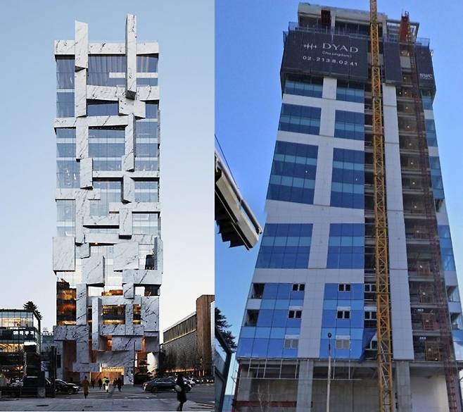 서울 강남구 청담동 '디아드 청담1' 설계 당시 예상도(왼쪽)와 실제 준공된 건물(오른쪽, 2월)/캡쳐=네이버 지도