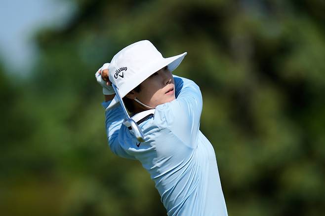 이소미가 12일 미국 뉴저지주 리버티 내셔널 골프클럽에서 열린 LPGA 투어 미즈호 아메리카스 오픈 4라운드 4번홀에서 티샷을 하고 있다./AP 연합뉴스